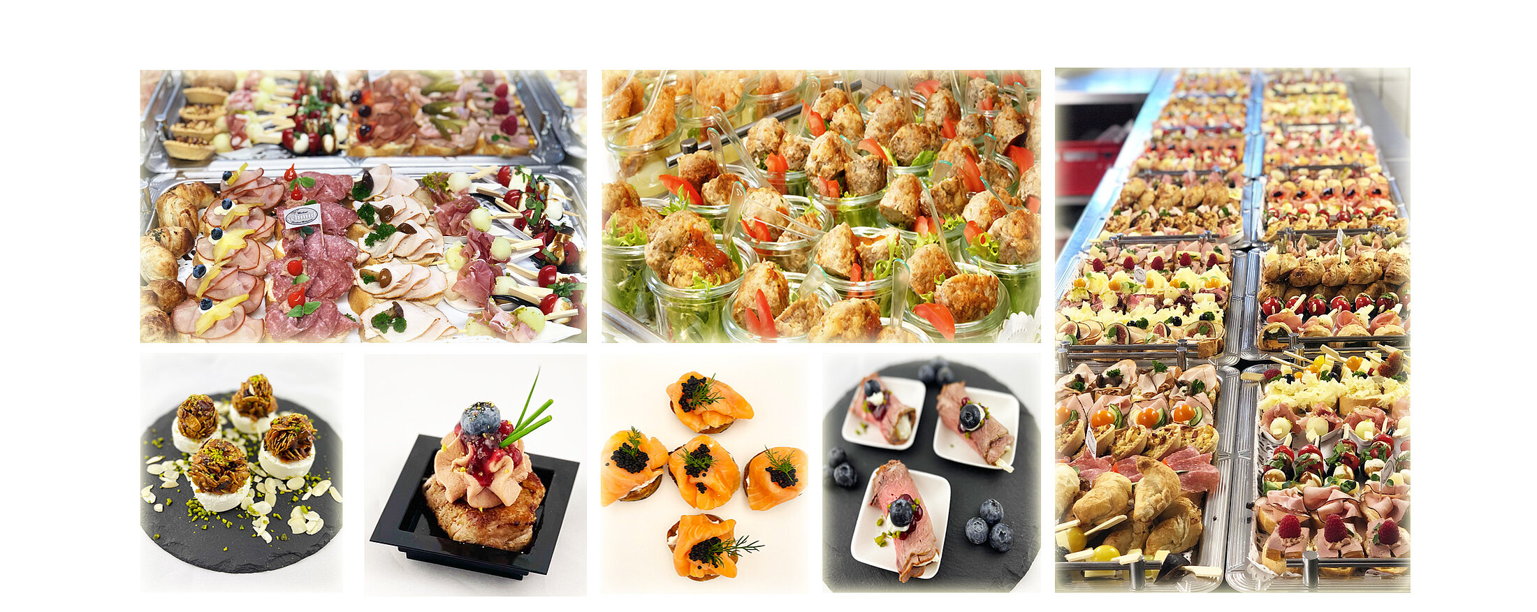 Collage aus Partyservice-Angeboten mit belegten Platten, Fingerfood, Häppchen & Desserts - vielfältig & dekorativ angerichtet