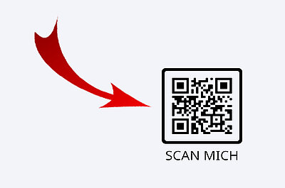 QR-Code mit rotem Pfeil und dem Text "SCAN MICH"- verweist auf dei Metzgerei Schmid Vorbestell-App zum einfach Bestellen