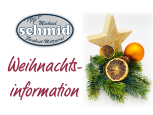 Weihnachtsinformation mit Holzstern und Tannengrün sowie Weihnachtlicher Dekoration