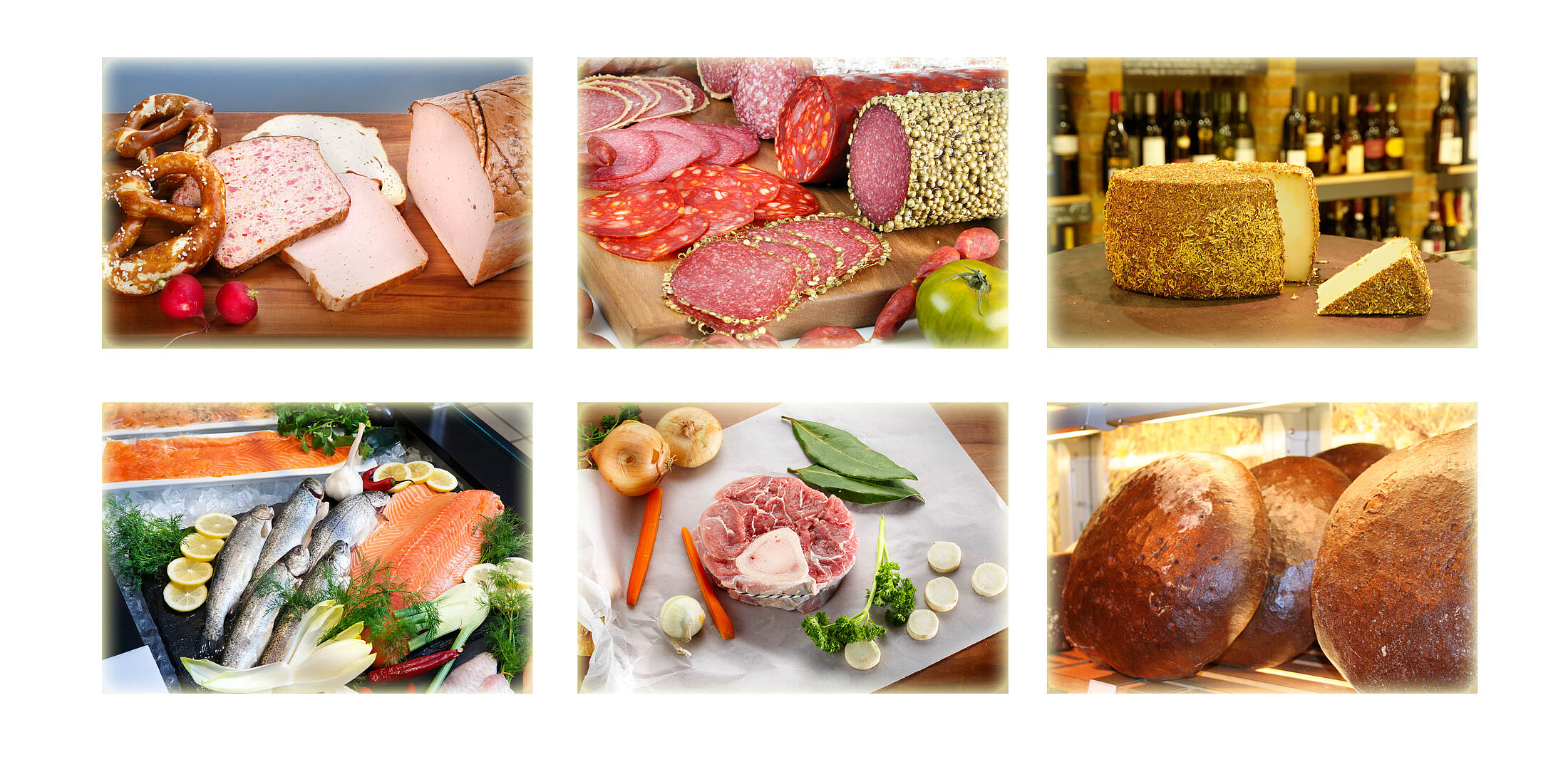 Collage mit Spezialitäten: Leberkäse mit Brezel, Wurstsorten, Käse, frischer Fisch, Fleisch mit Gemüse & große Brote