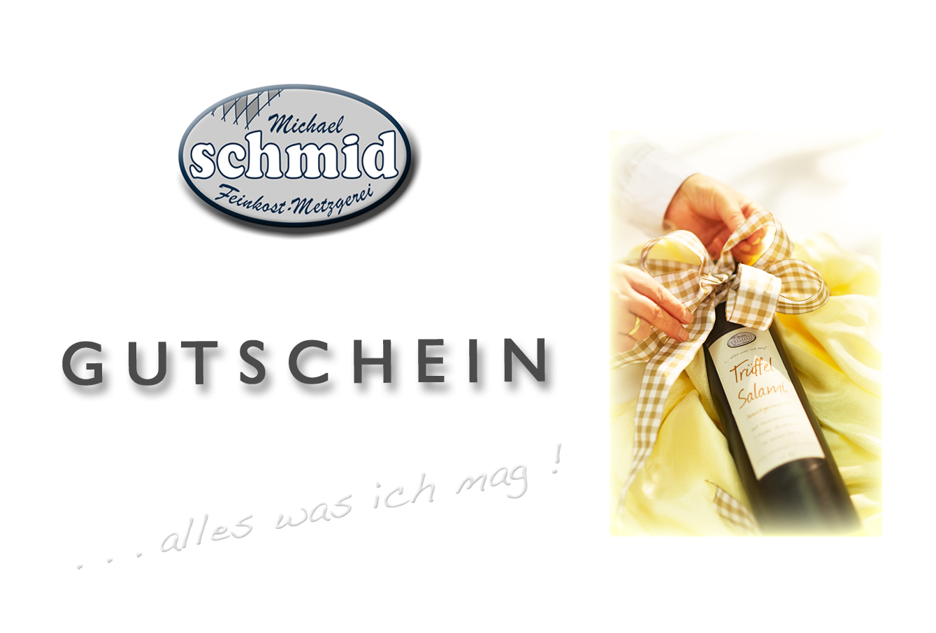 Gutschein der Feinkost-Metzgerei Schmid abgebildet ist eine dekorativ verpackte Weinflasche mit Schleife